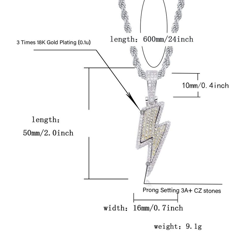 JINAO Hip Hop Lightning Bolt Design Pendant 18k Gold Plated Iced Out Cubic Zirconia Pendant Necklace with Micropave Simulated Diamond for Men Women (White Gold) - Image 2